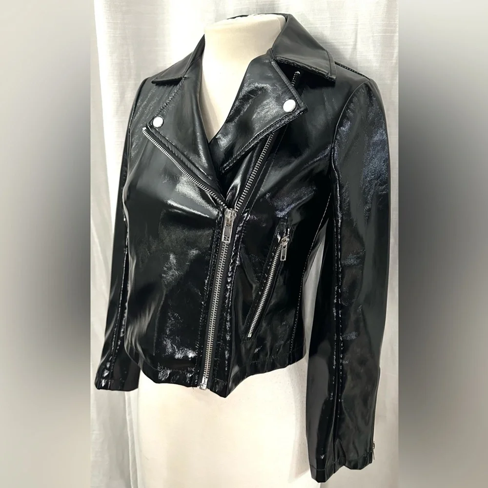 Topshop Women's Black 100% Polyester Cropped Biker Jacket Ladies Zipper Pocket - Picture 5 of 12